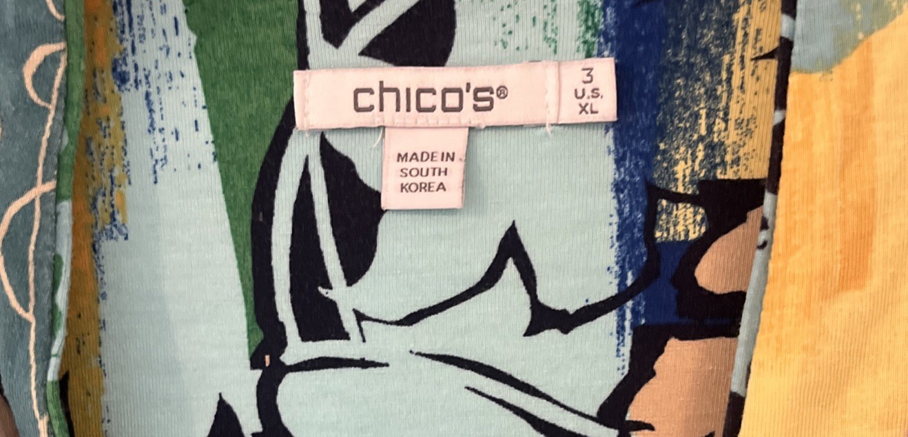 Chico’s Women’s Size 3=XL V-neck 3/4 Sleeve Blue/yellow/ Green/black Pullover cc