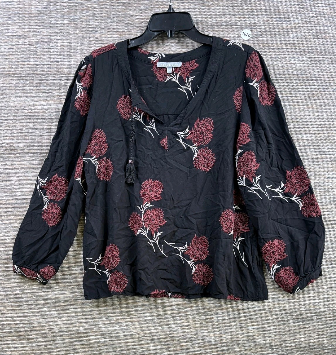 Daniel Rainn Embroidered Boho Artsy Tie Neck Black Multicolored Top Womens Sz XL