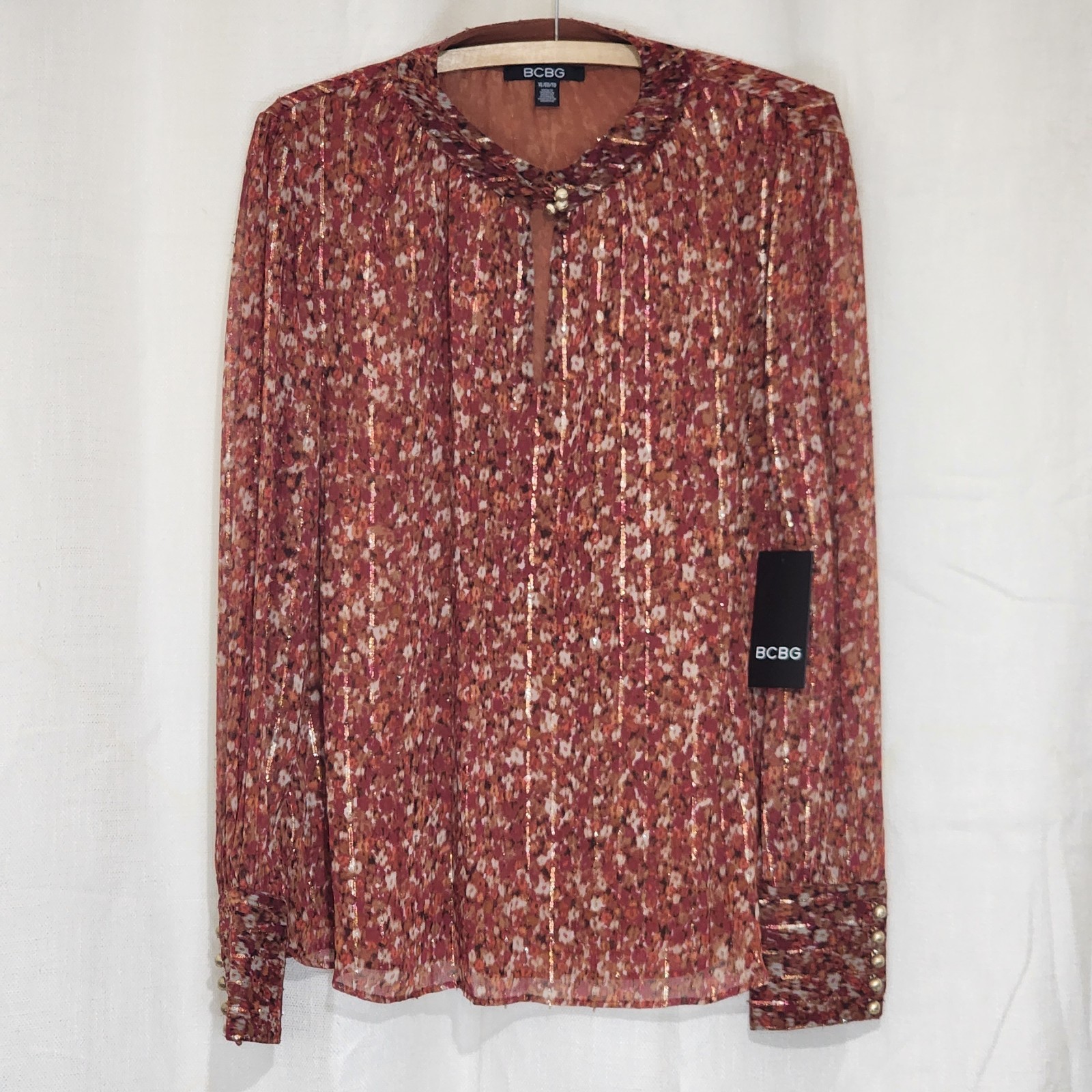BCBG Women’s Blouse Top Mock Neck Front Keyhole Long Sleeve Printed Size XL NWT