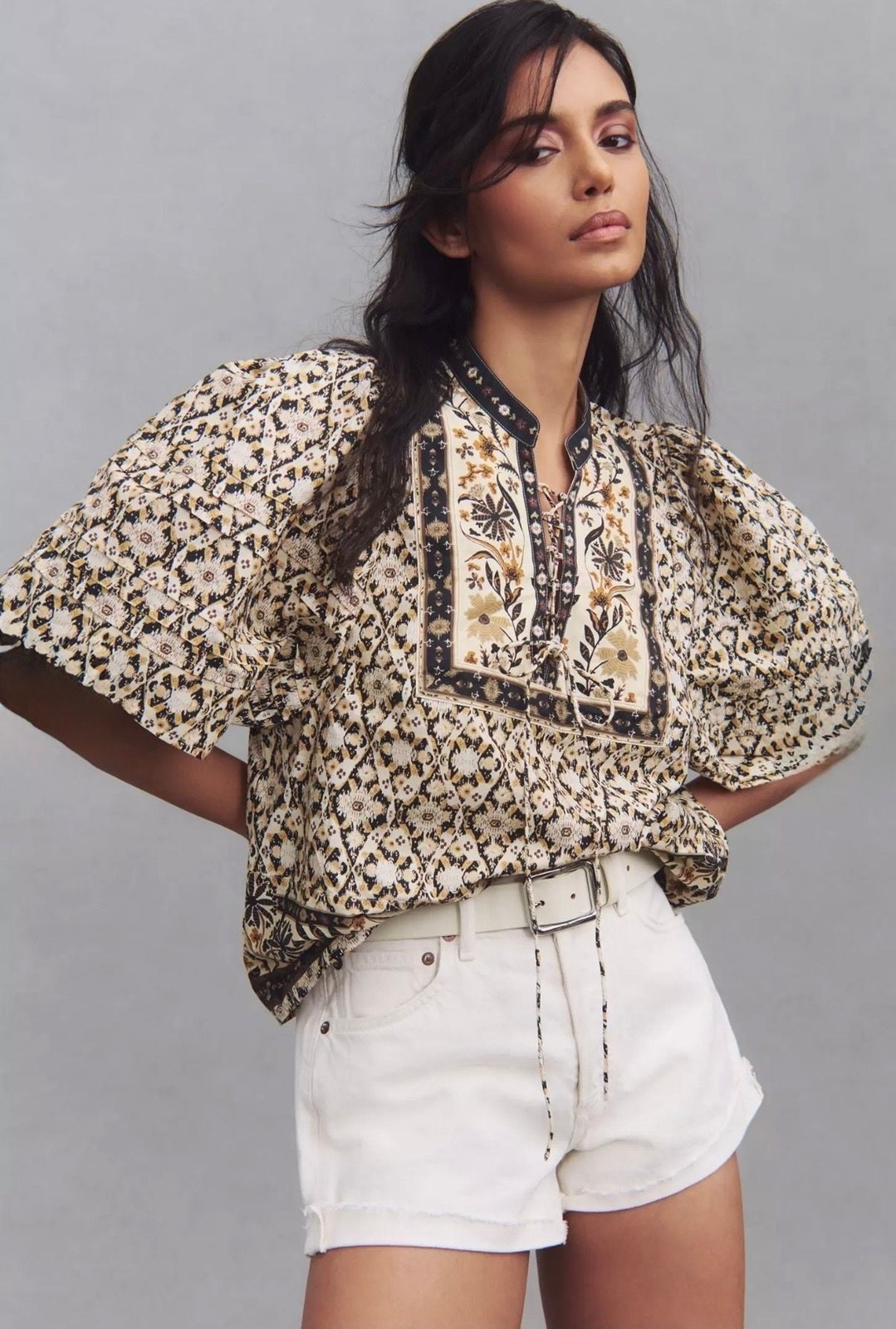 By Anthropologie Pleated Puff-Sleeve Blouse in Black Motif