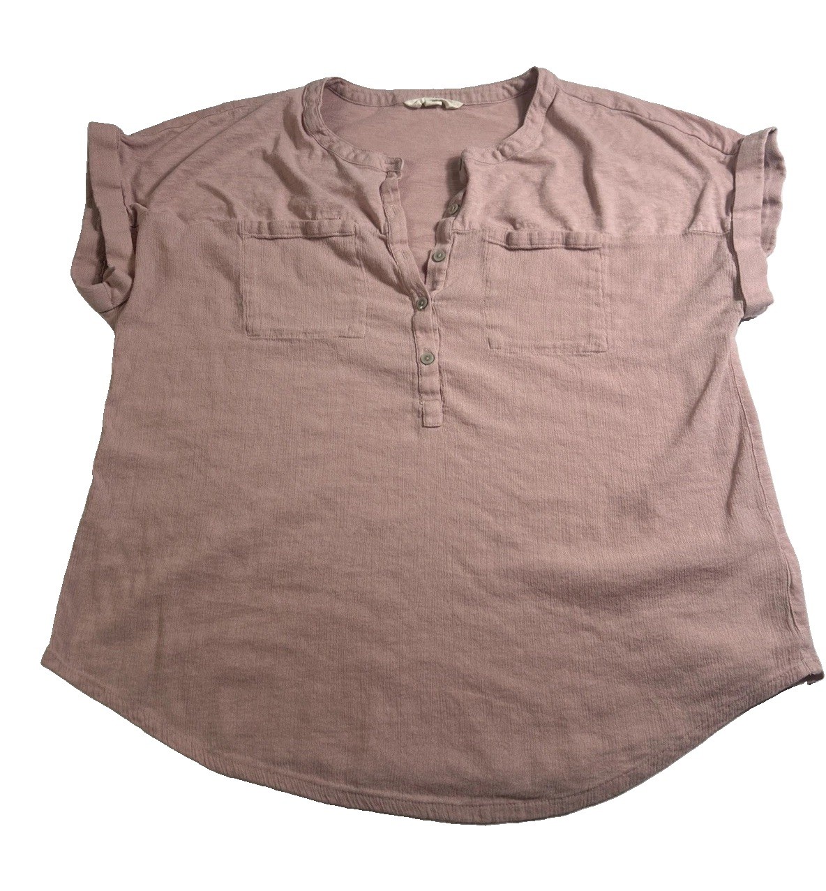 Lucky Brand Henley Top Womens Large Pink Short Cap Sleeve Popover Pocket Tee