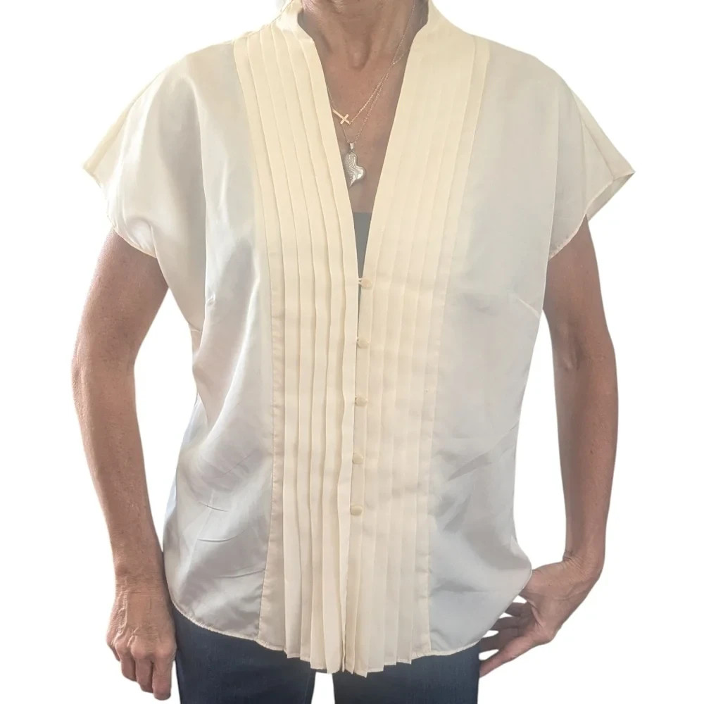 Isaac Mizrahi Silk Blend Pleated Tuxedo Blouse XL Minimalist EUC