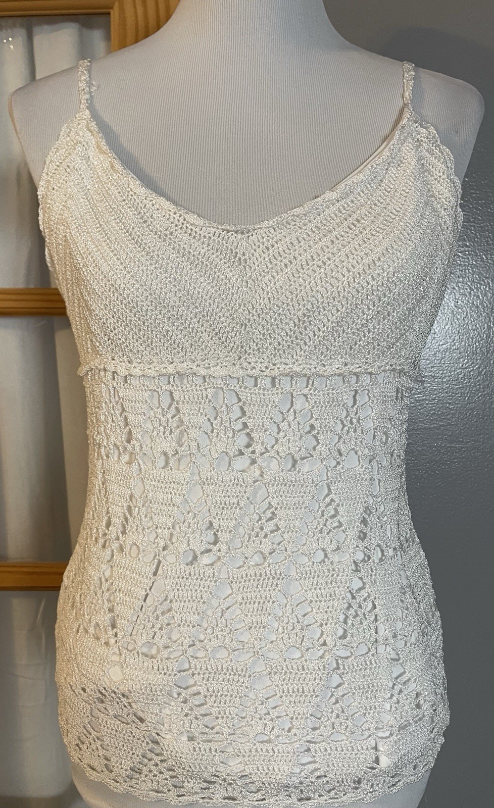 Pursuits Limited Crochet Tank Top Sz L White Open Knit Clubwear City Party