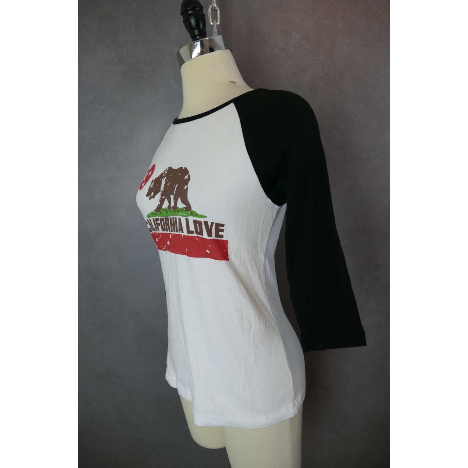 California Republic Clothes Womens Baseball Tee Black White Bear Love M