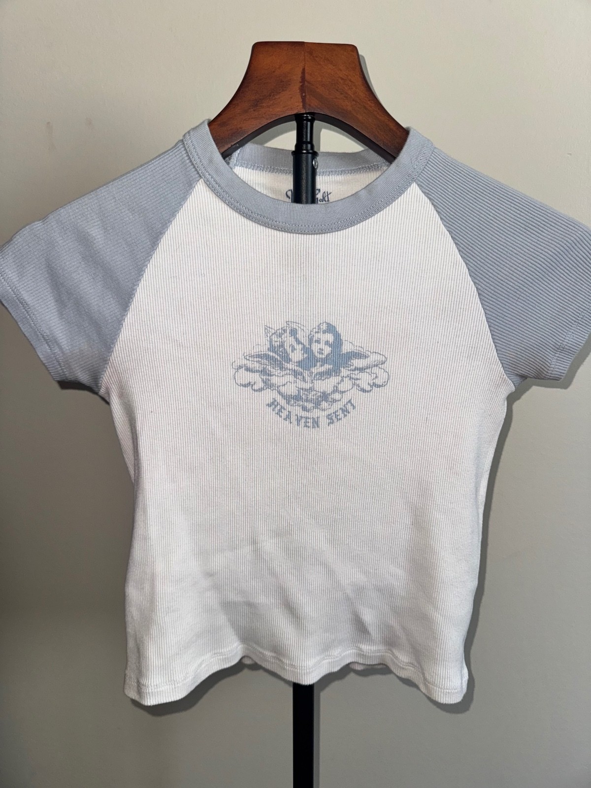 Y2K Heaven Sent Angel Baby Tee White Blue Raglan Graphic Top 100% Cotton