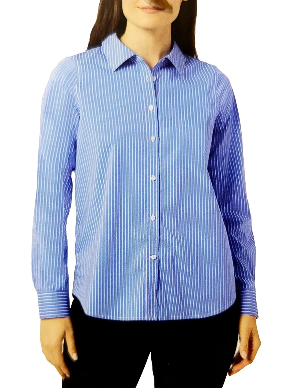 CHAPS Women’s Easy Care Button Up No Iron Stretch Modal Blouse Blue Stripe