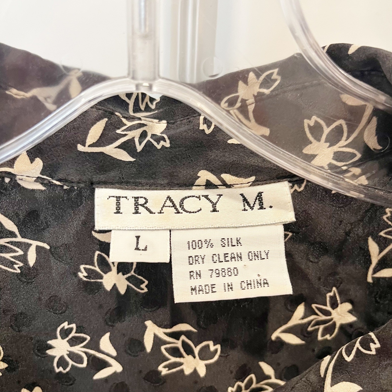 Vintage Tracy M Silk Floral Heart Blouse Black Cottagecore Button Down LARGE