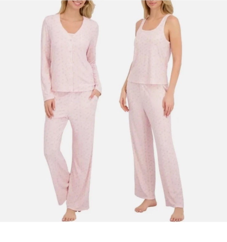 Live2Lounge Women’s 3 Piece Picot Ribbed Pajama Lounge Set, Pink, Large