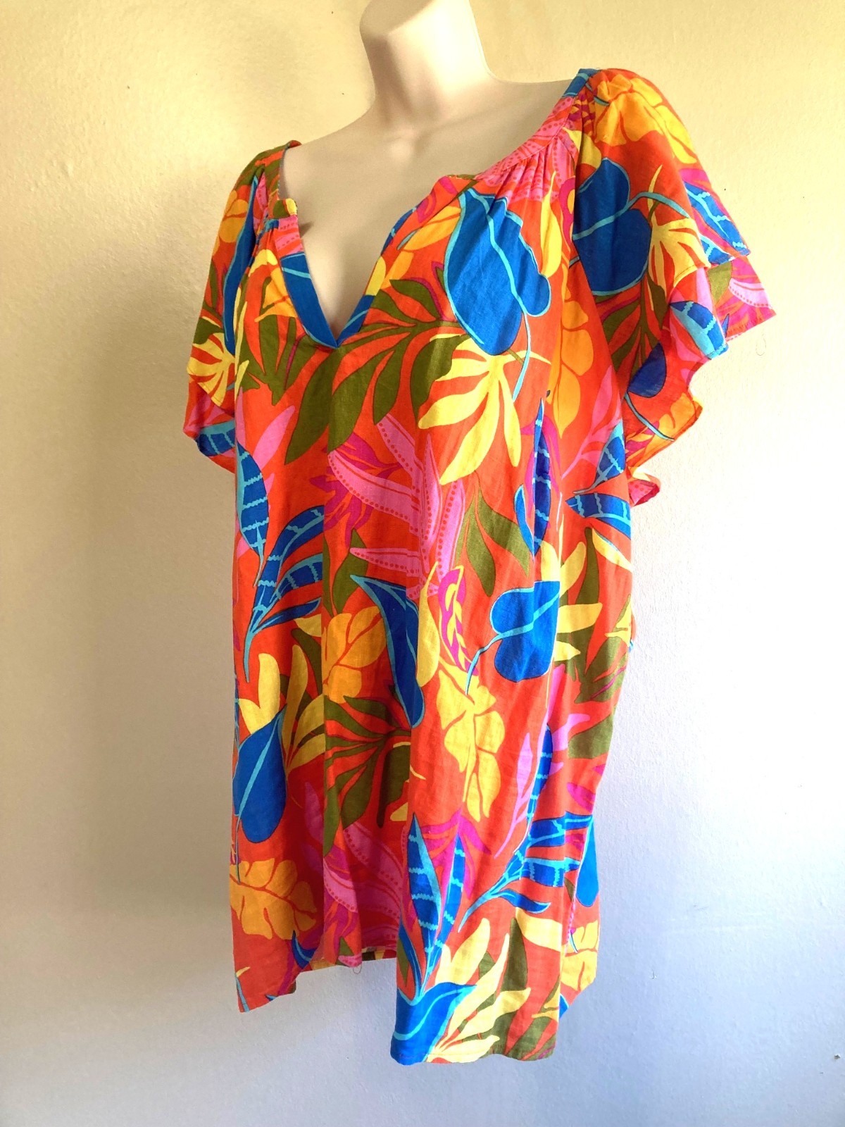 Calligraphie Aloha Shirt 3X Plus Linen Rayon SS V Neck Bright Floral Orange