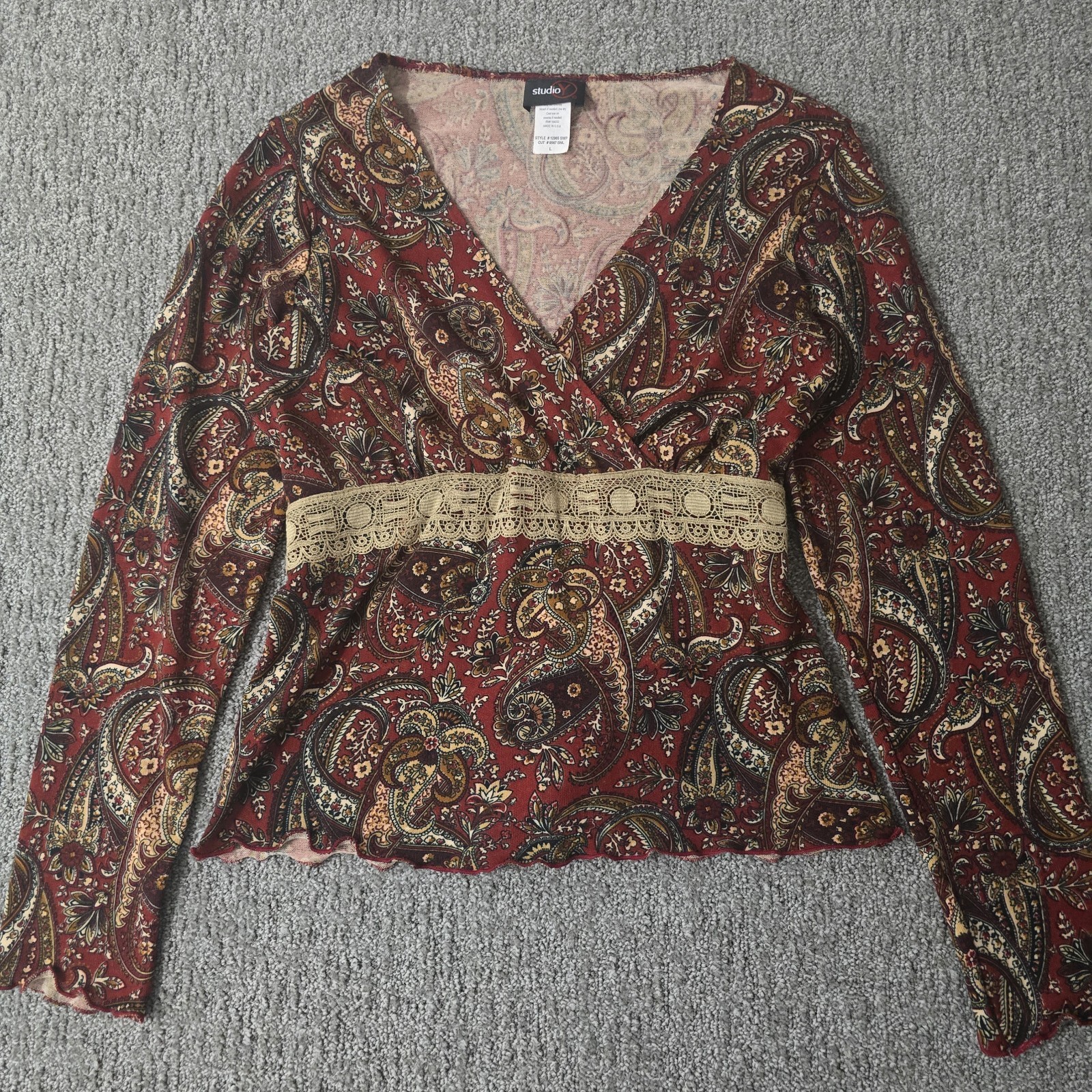 Vtg Y2K Paisley Boho Lace Trim Tie Back Top Fairy Grunge Whimsigoth Romantic L