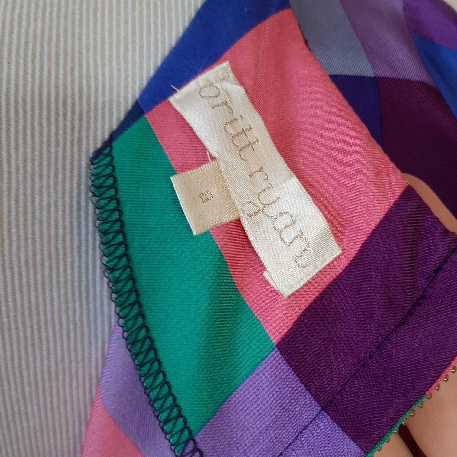 Britt Ryan Purple Checkered Balloon Sleeve Silky Blouse Exposed Zip Colorful 8