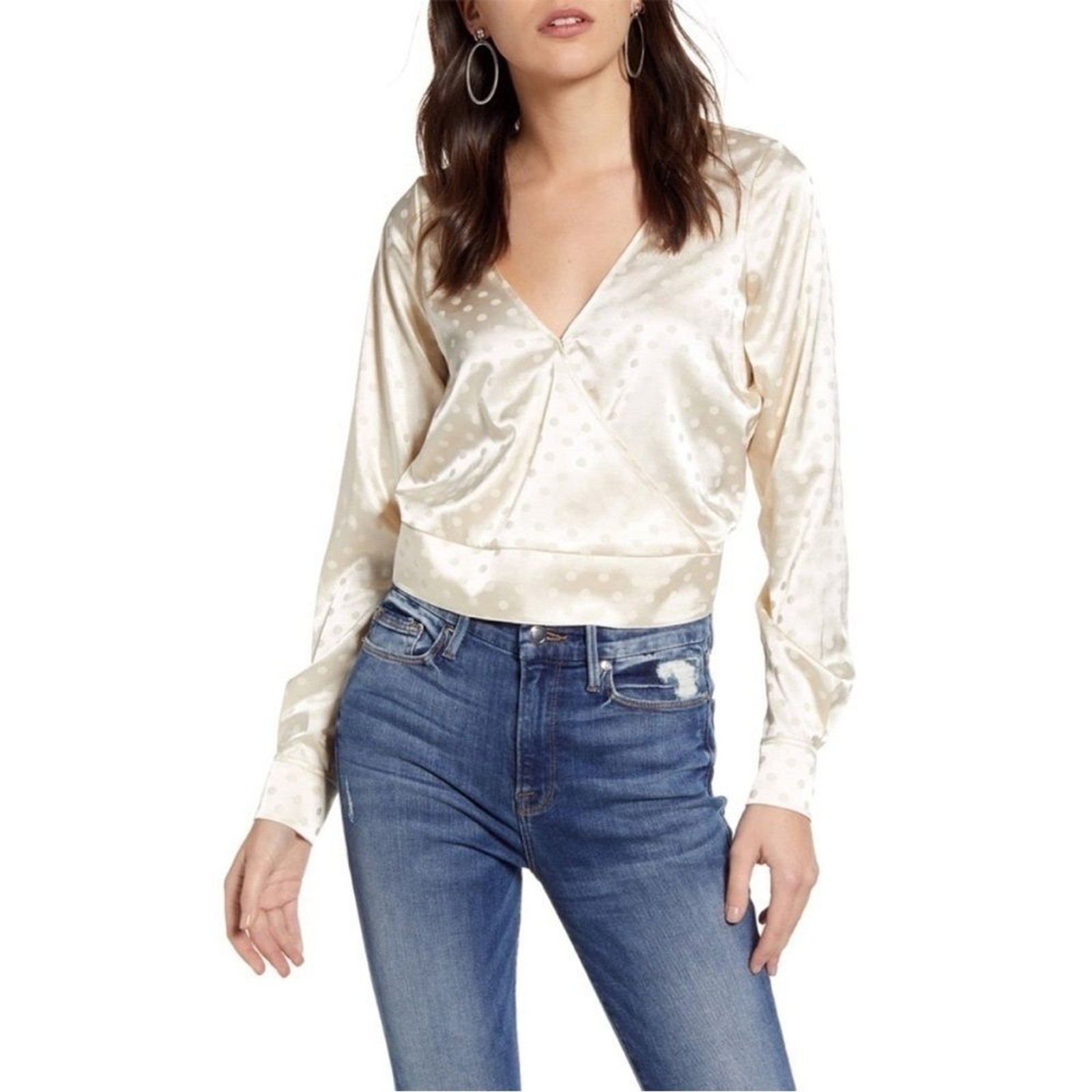NWT Good American The Tempest Long Sleeve Polka Dot Jacquard Blouse Ivory SIZE L