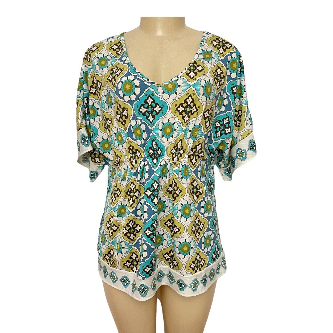 August Silk Petite Woman Colorful Floral Boho Beach Half Sleeve Loose Long Top L