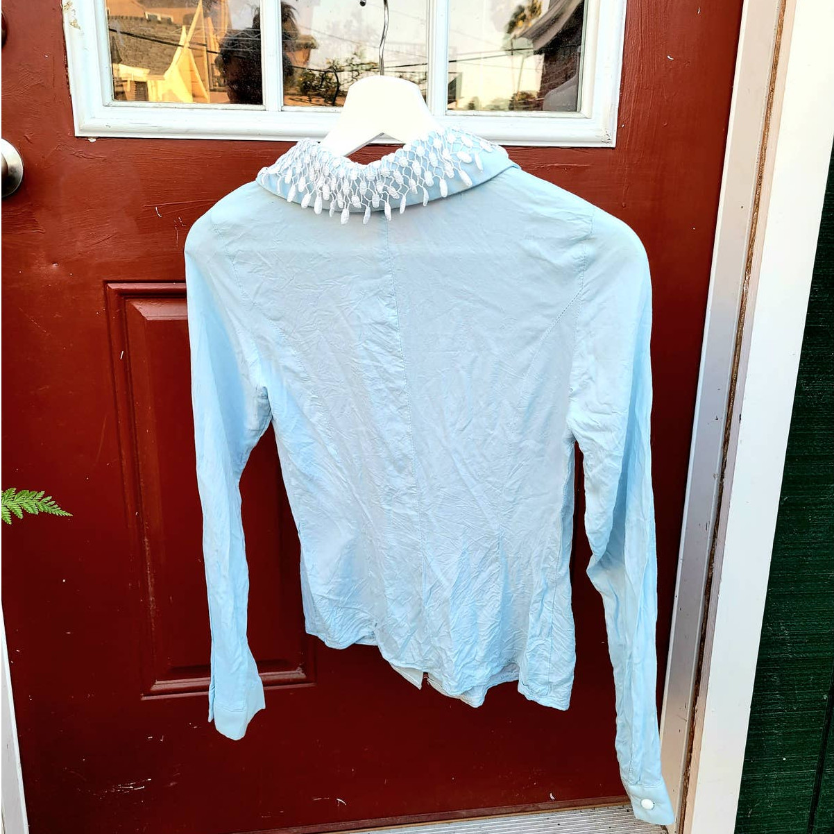 Vintage, K.C. Made in Korea Power Blue Lace Collar Long Sleeve Button Down Shirt