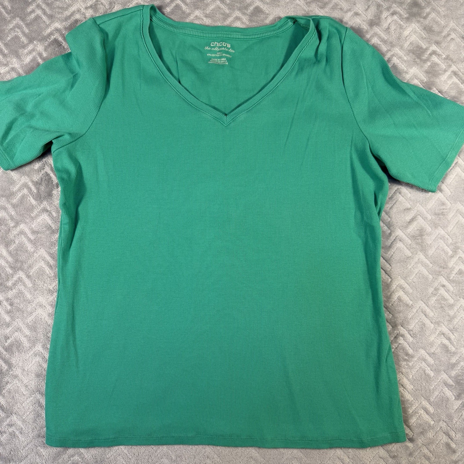 Chico’s Ultimate Tee T-Shirt Size Large (2) Green Short Sleeve Ribbed Top NWOT