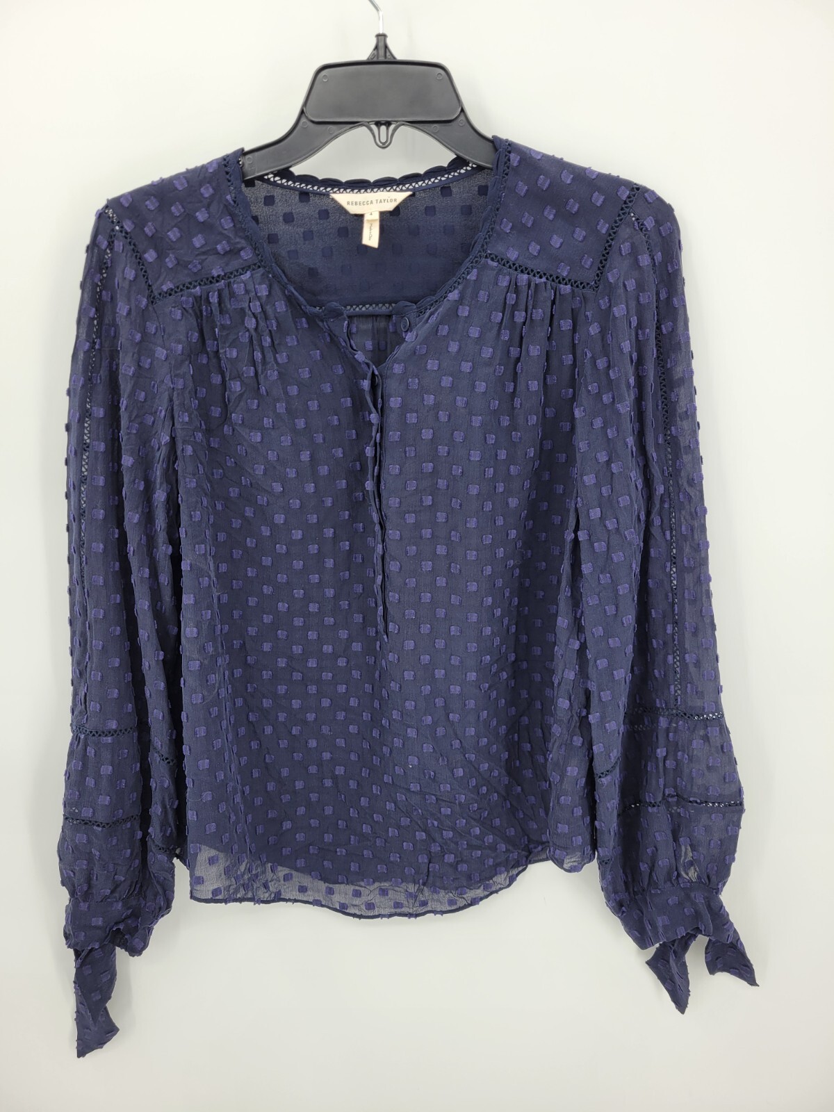 Rebecca Taylor Top Womens 4 Blue Textured Dots Tie Cuff Crochet Insert Career
