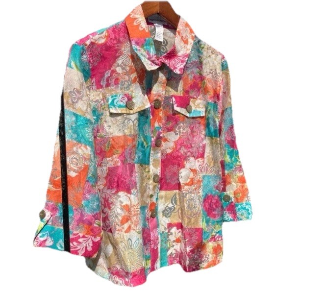 Draper’s & Damon’s Shirt Jacket Size Large Linen Blend Floral Burnout Sheer NWOT