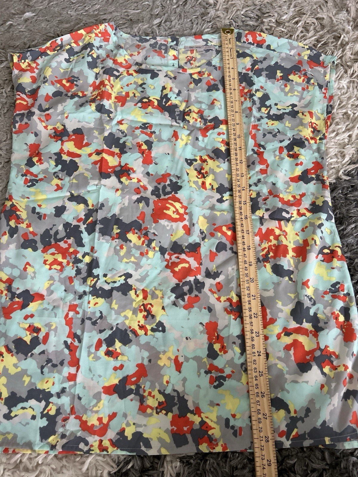 Women’s Short Cap Sleeve Print Blouse, Size M Orange Gray Blue Yellow