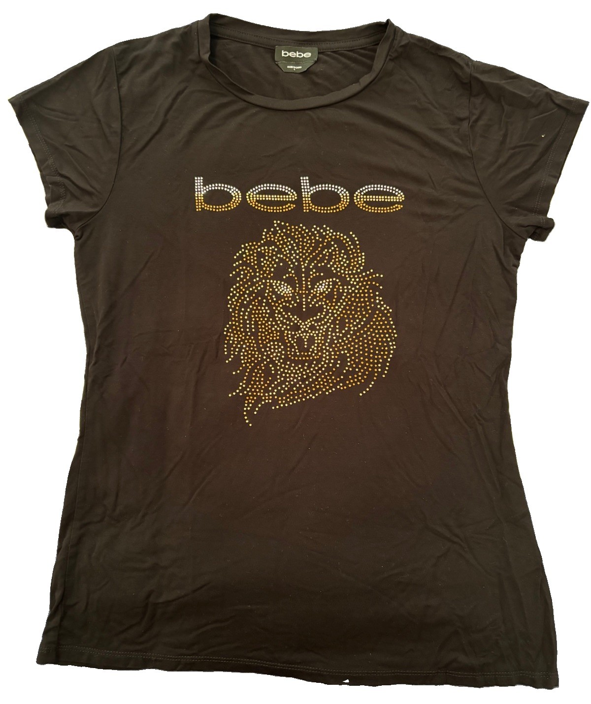 bebe Women’s T Shirt Top Black Jewel Studded Lion Logo Short Sleeve Stretch Sz M