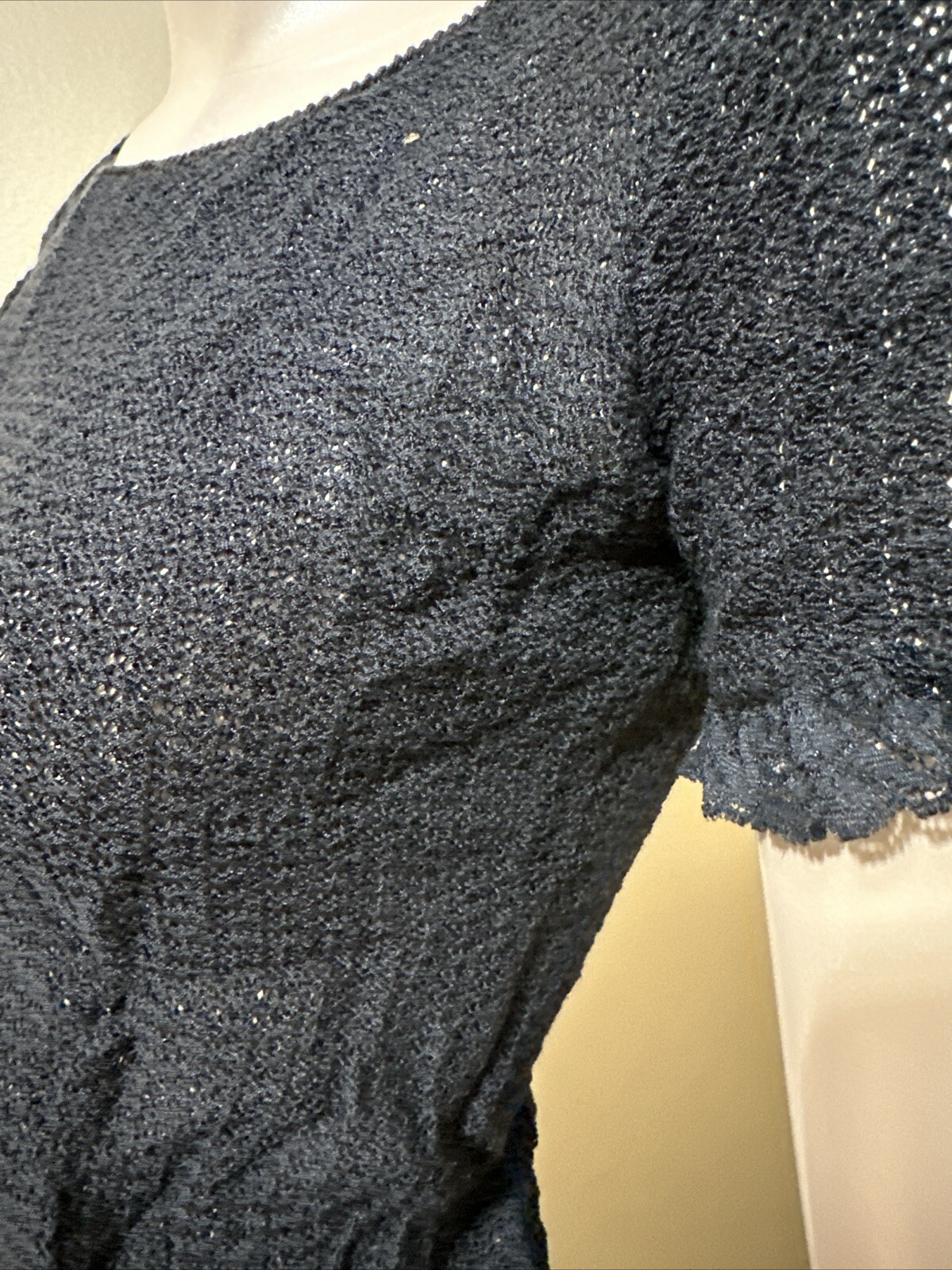Women’s Black Cotton Crochet Casual Stretch Slim Sheer Lace Beaded One Size Top