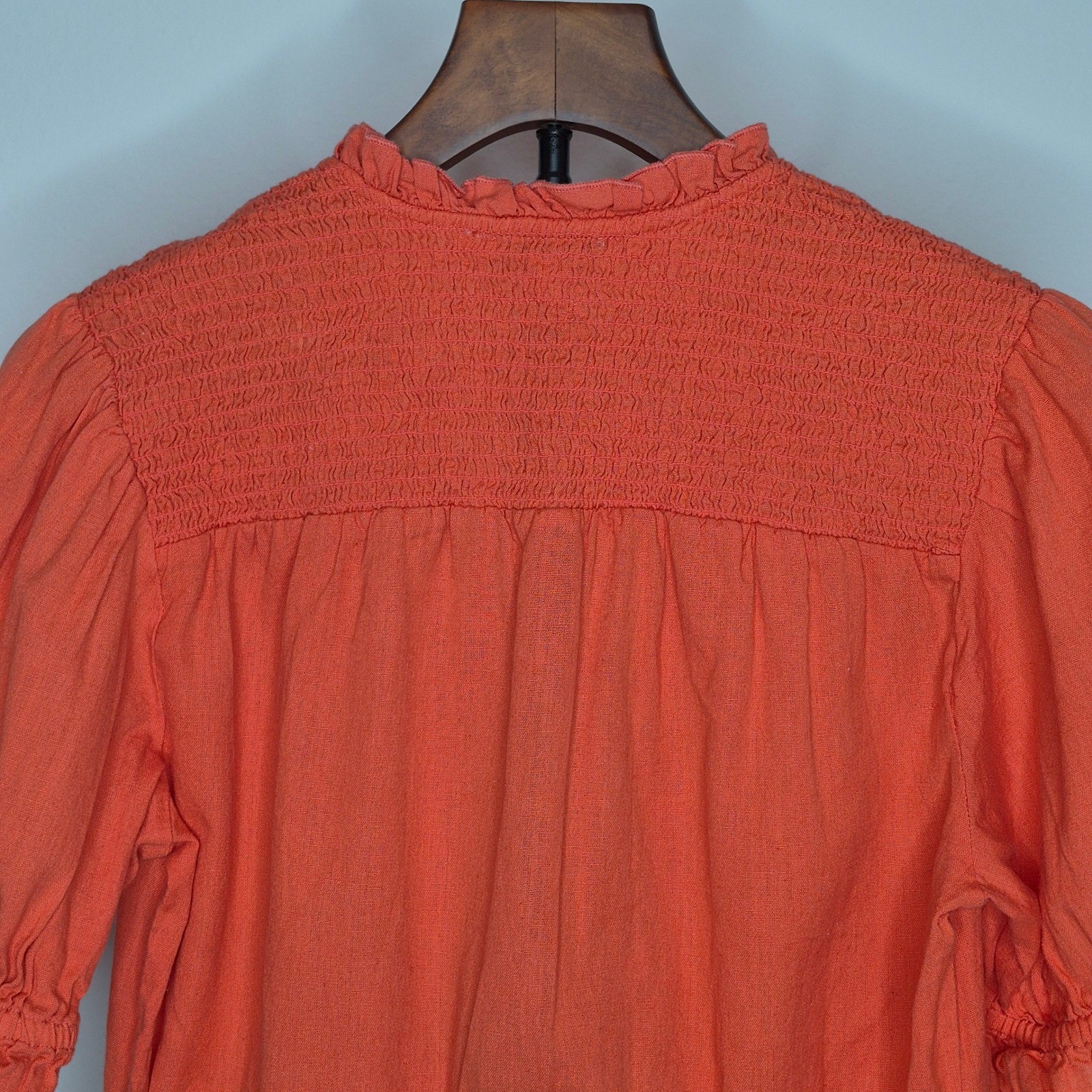 Calligraphie Orange Cotton Linen Smocked Peplum Blouse Tassel Euro Girl Summer M