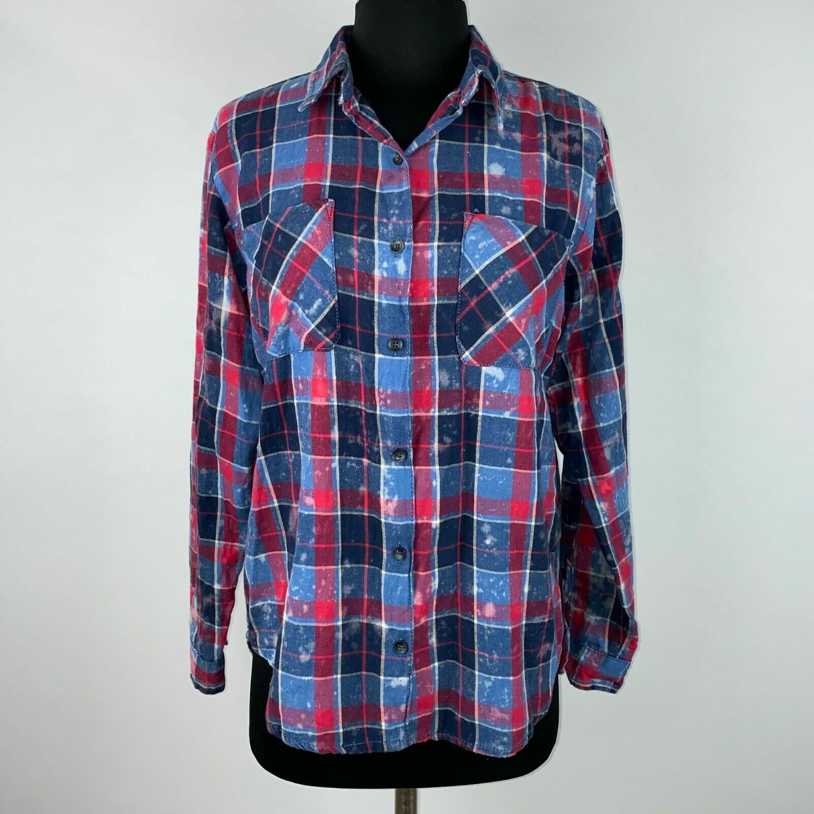 Soft Vanilla Star Button Down Shirt Juniors S Plaid Bleach Spots Grunge Punk 90s