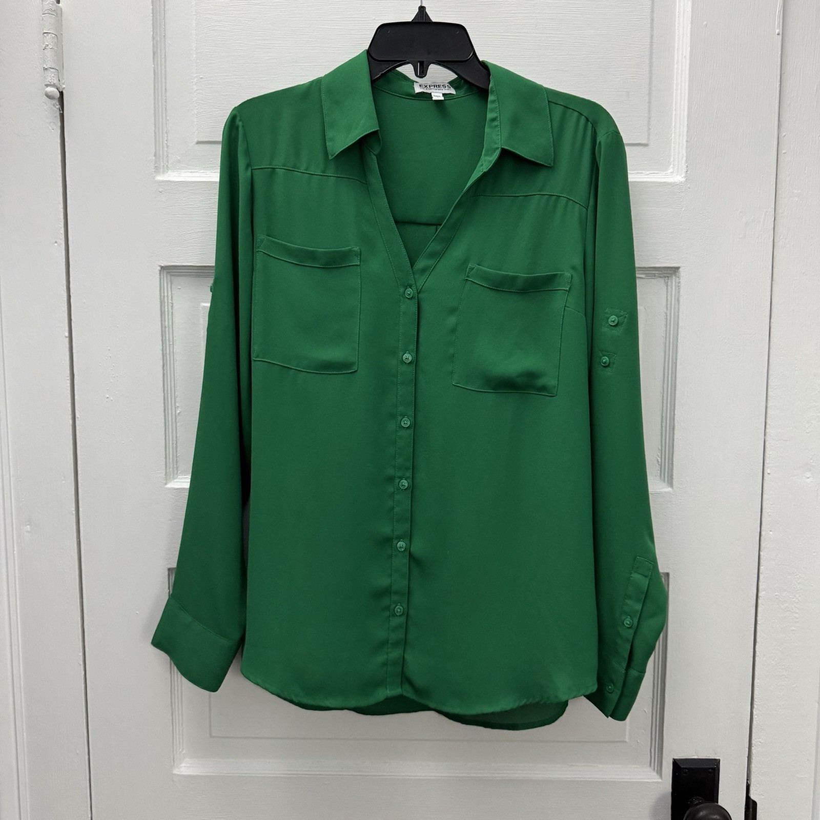 Express Portofino Shirt Green Button Up Blouse Roll Tab Long Sleeve L