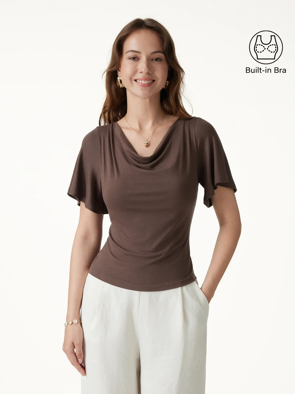 OGLmove Cowl Neck Flutter Sleeve Bra Top Built In Padding Cami New | White