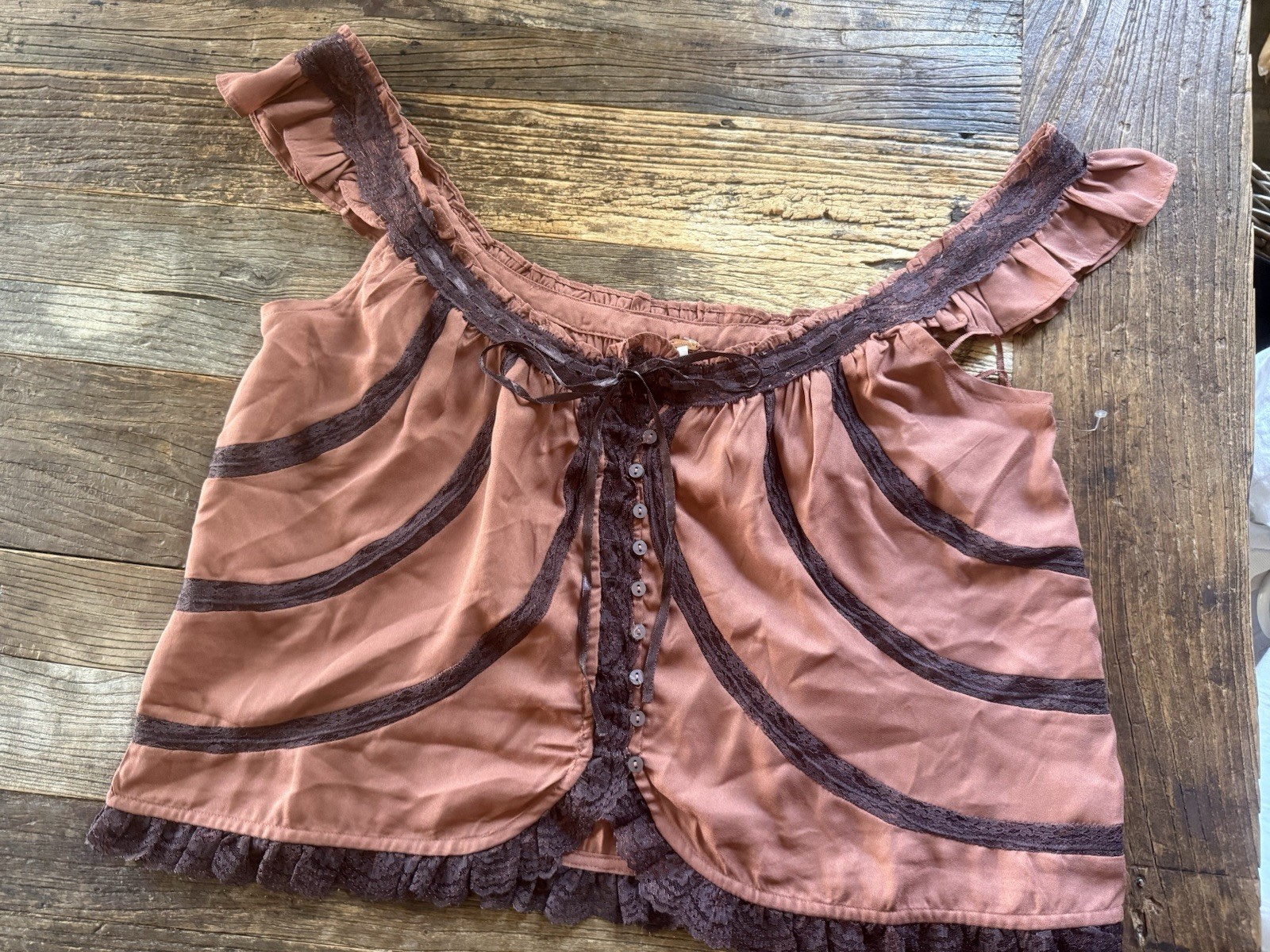 Free People Lace Panel Ruffle Trim Mabel Cami Tank Top Button Front Medium Brown