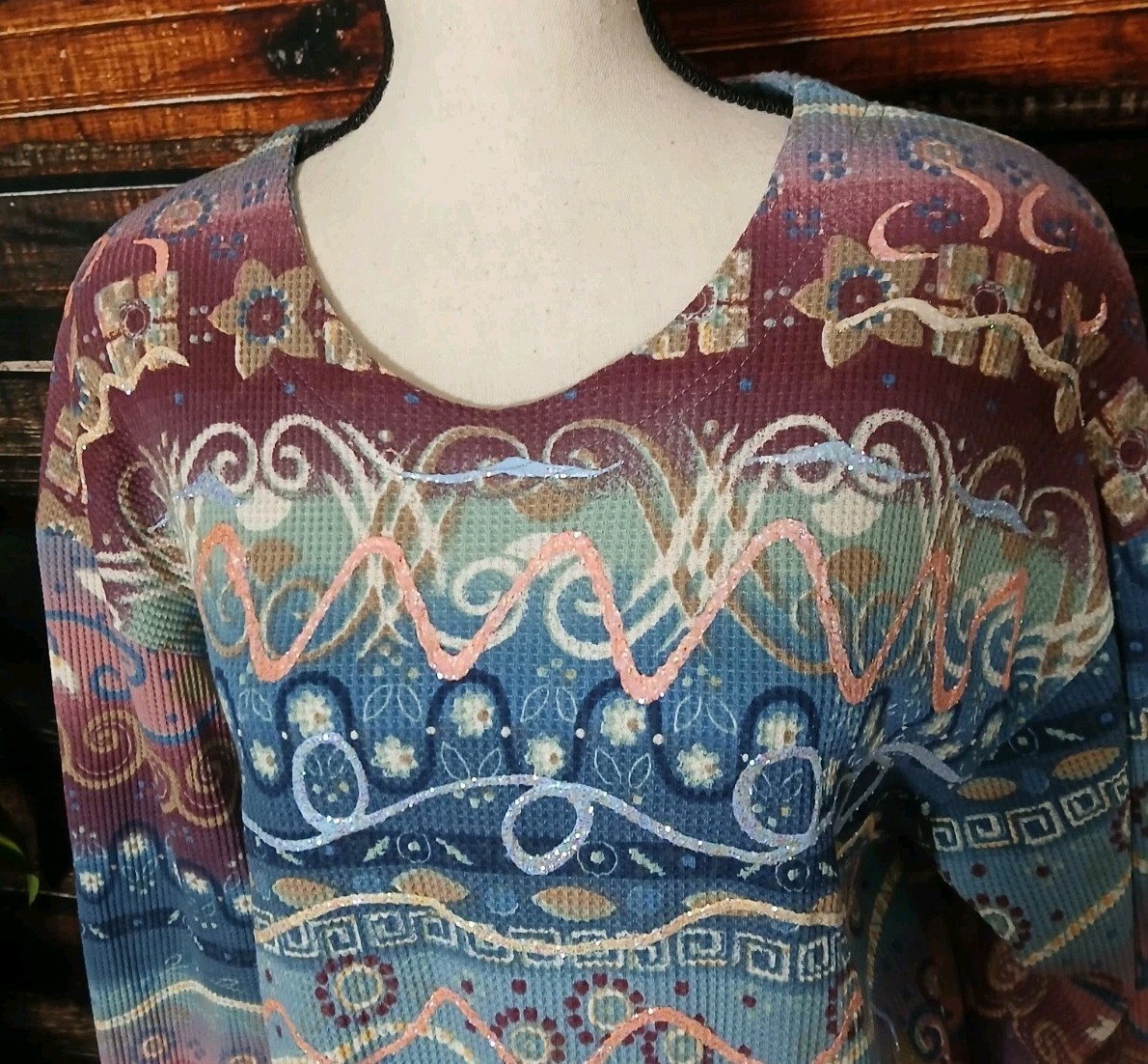 Enchante Sport Top Size M Vintage 80s Oversized Thermal Glitter Art Made In USA