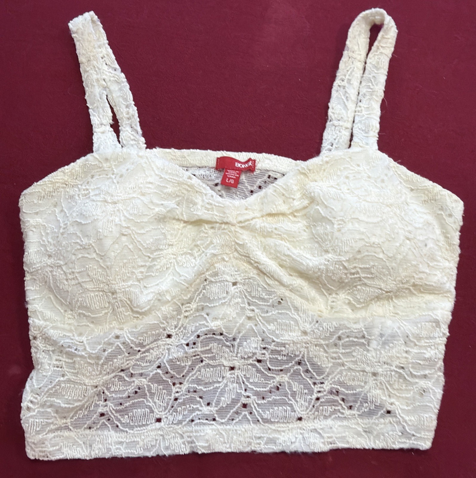 BONGO White Floral Lace Cropped Shoulder Straps Tank Top Lined Padded Bra Large