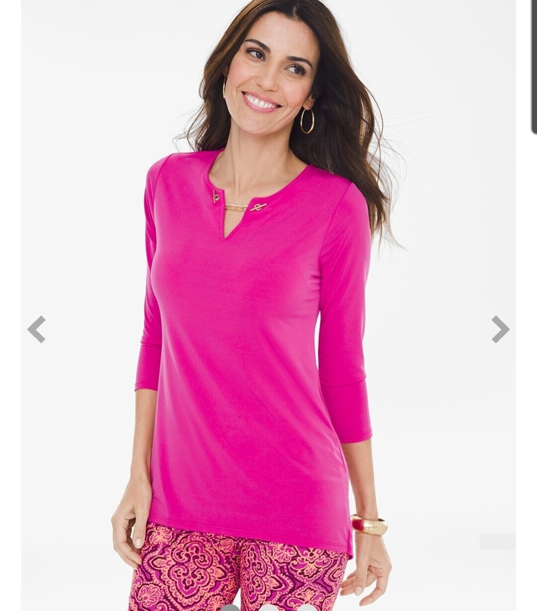 Chico’s Top Women sz 2 Hardware Detail Top Fushsia 3/4 Sleeve Stretch Office NWT