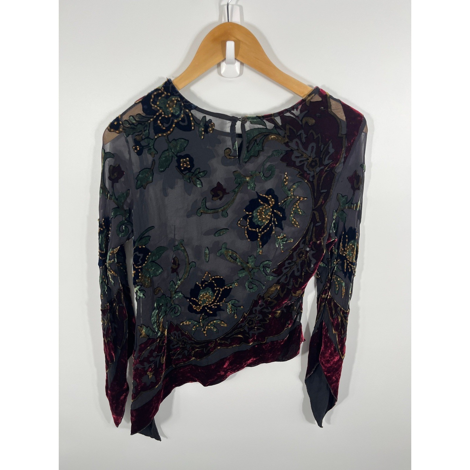 Y2K Dark Fairy Womens Top L Black Sheer Velvet Beaded Asymmetrical Flare Sleeve