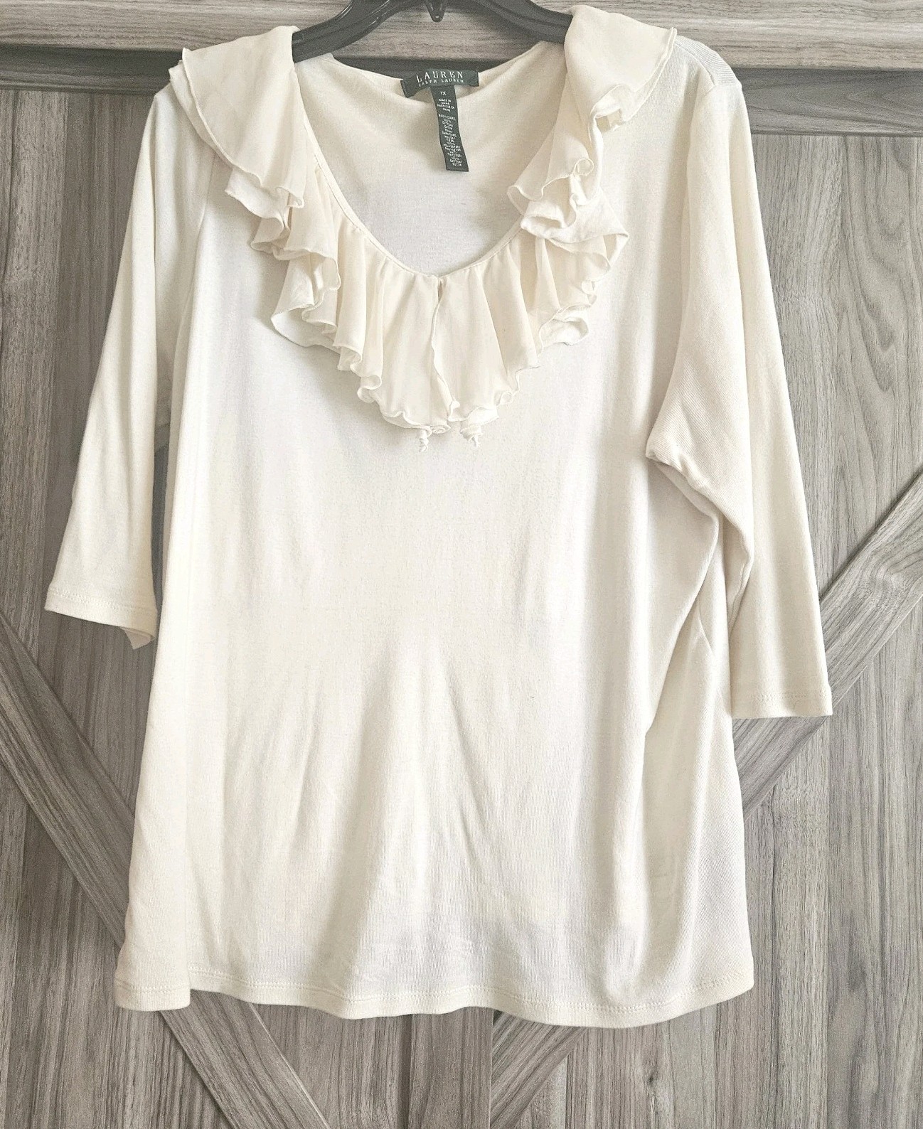 Ralph Lauren Women’s Blouse Light Creme Blouse Cotton Ruffles 3/4 Sleeves