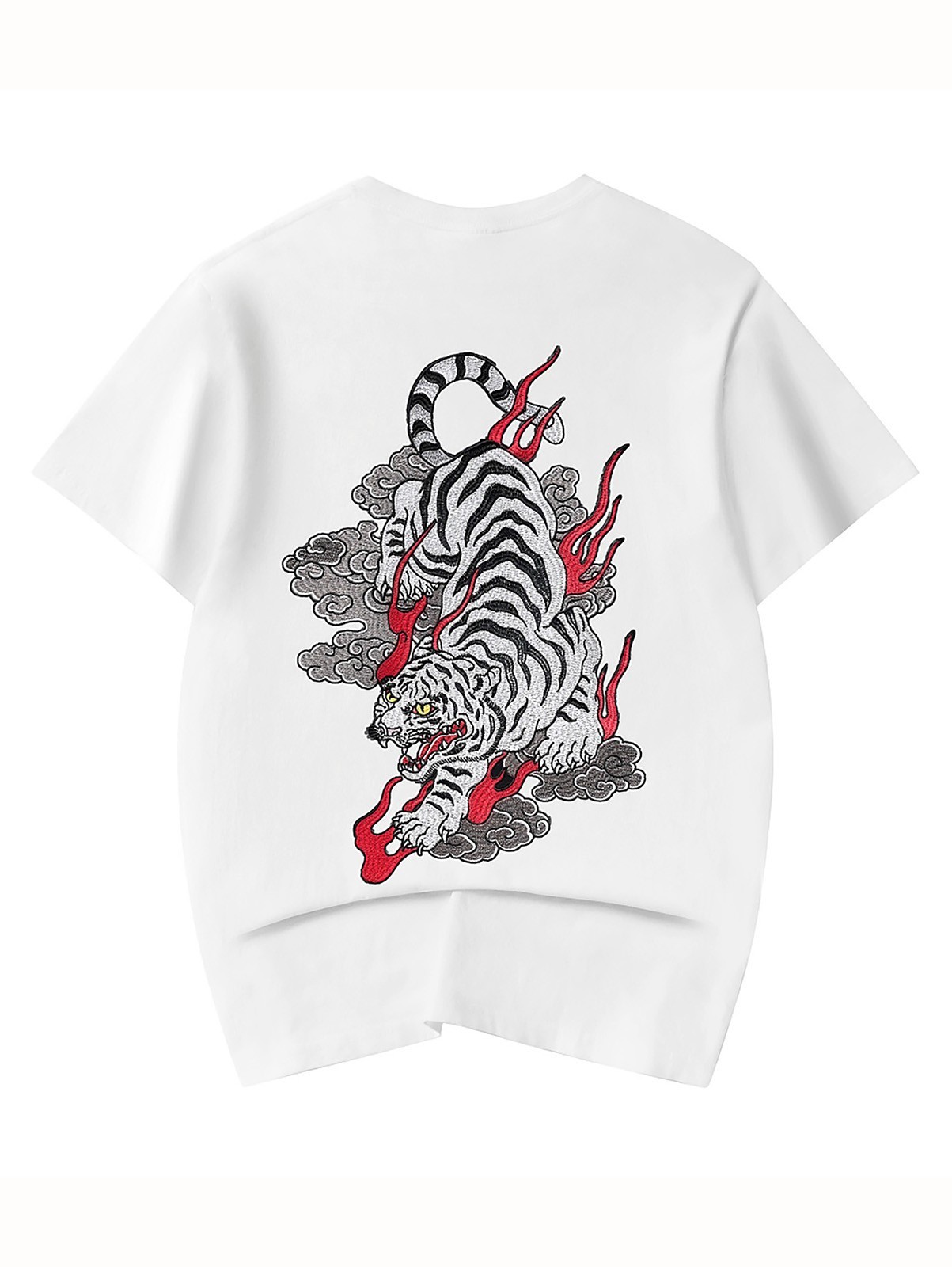 Niepce Men’s Vibrant Red Flame White Tiger Embroidery Japanese Streetwear Tee