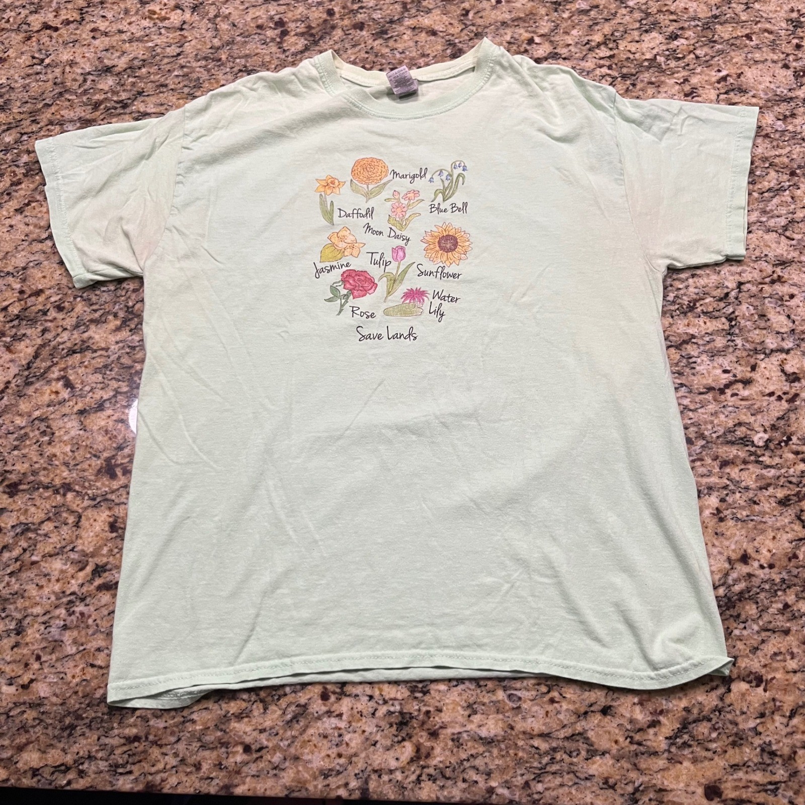 Save Lands Floral Graphic T-Shirt Mint Green Botanical Flowers Women L