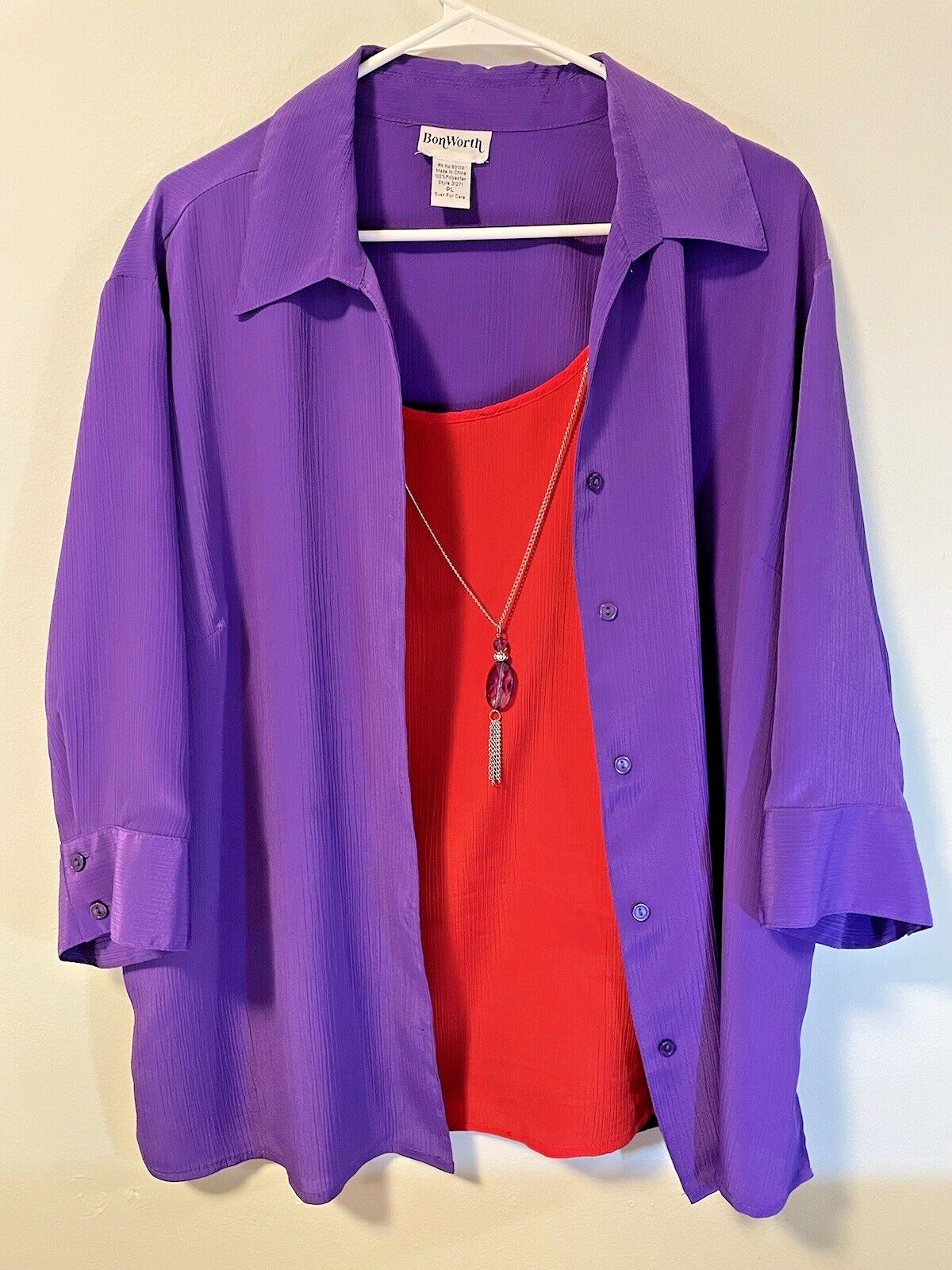 BonWorth Womens Blouse 1 Piece Twin Set 3/4 Sleeve Button Front Purple Size PL