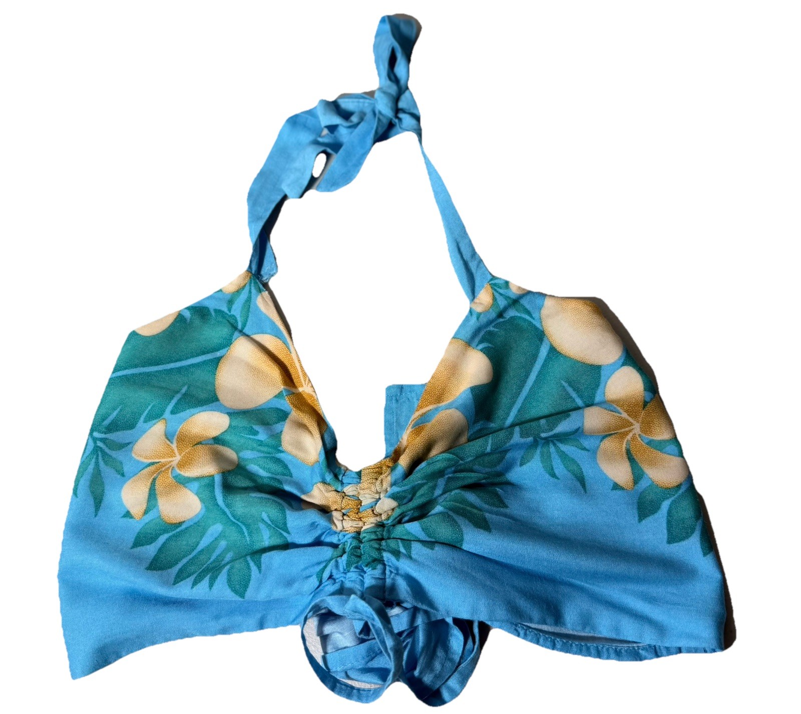 Hibiscus Collection HI Rayon Halter Crop Top Turquoise Floral Ruche Tie One Size