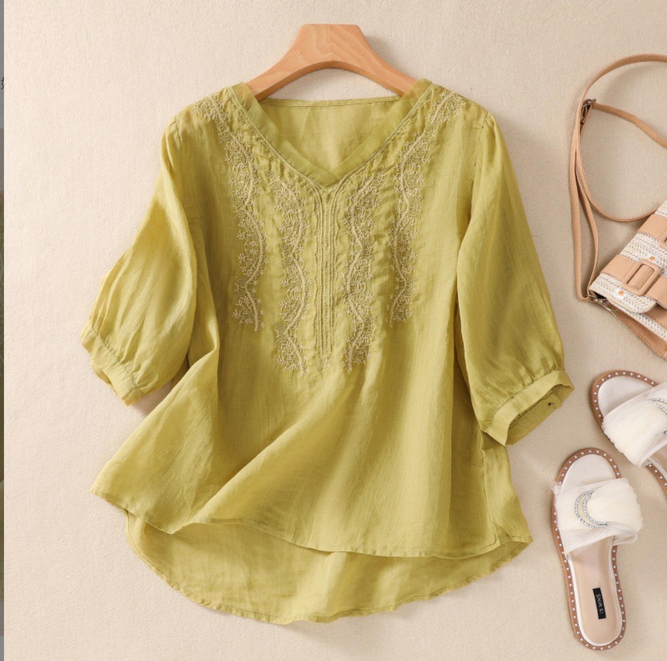 Women’s Solid Color Embroidered Linen Cotton Blouse Summer V Neck Shirt Tops