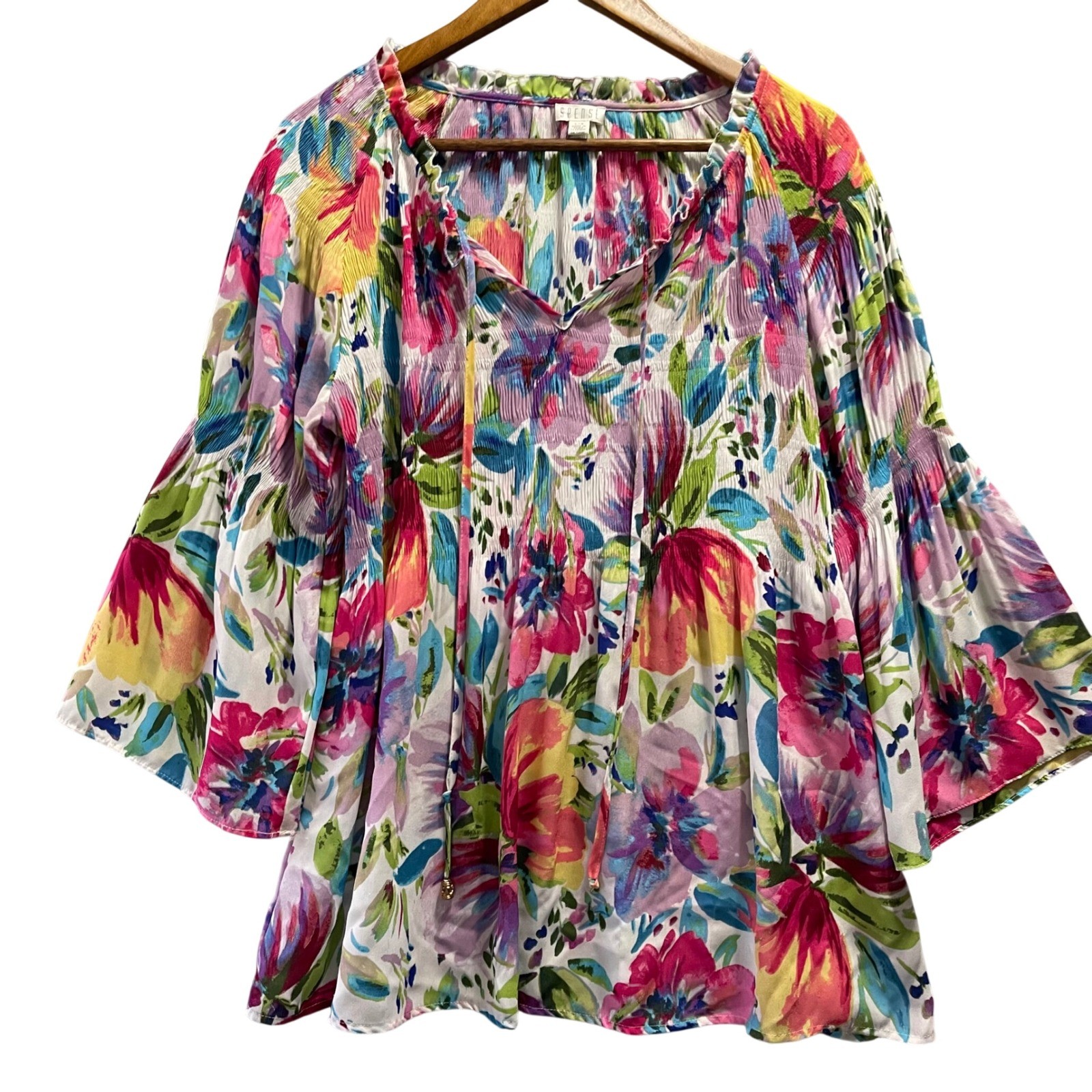 Spense Floral Peasant Top Women Large Multicolor Boho Tie Neck Bell Sleeve