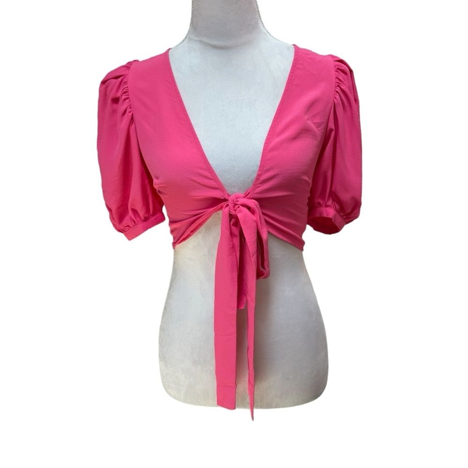 NWT HELLO MOLLY Pink Puff Sleeve Tie Front Crop Top XS