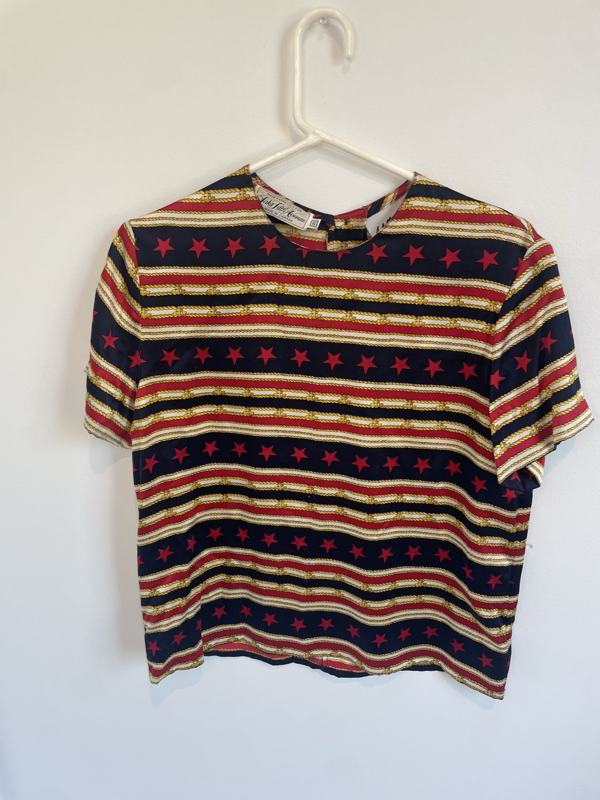 Vintage Saks Fifth Avenue Peter Nygard Nautical Patriotic Silk Blouse Size 6