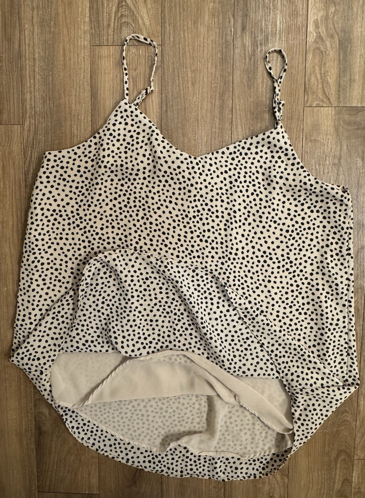 Woman Pink Rose Beige/Black Polka Dot Spaghetti Strap Camisole Tank Top Size M