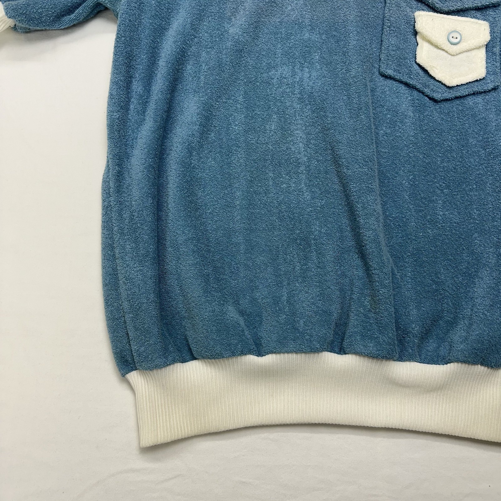 VTG 70s Womens Terry Cloth Polo Shirt Ribbed Collar Cuffs & Hem Pockets – Size L