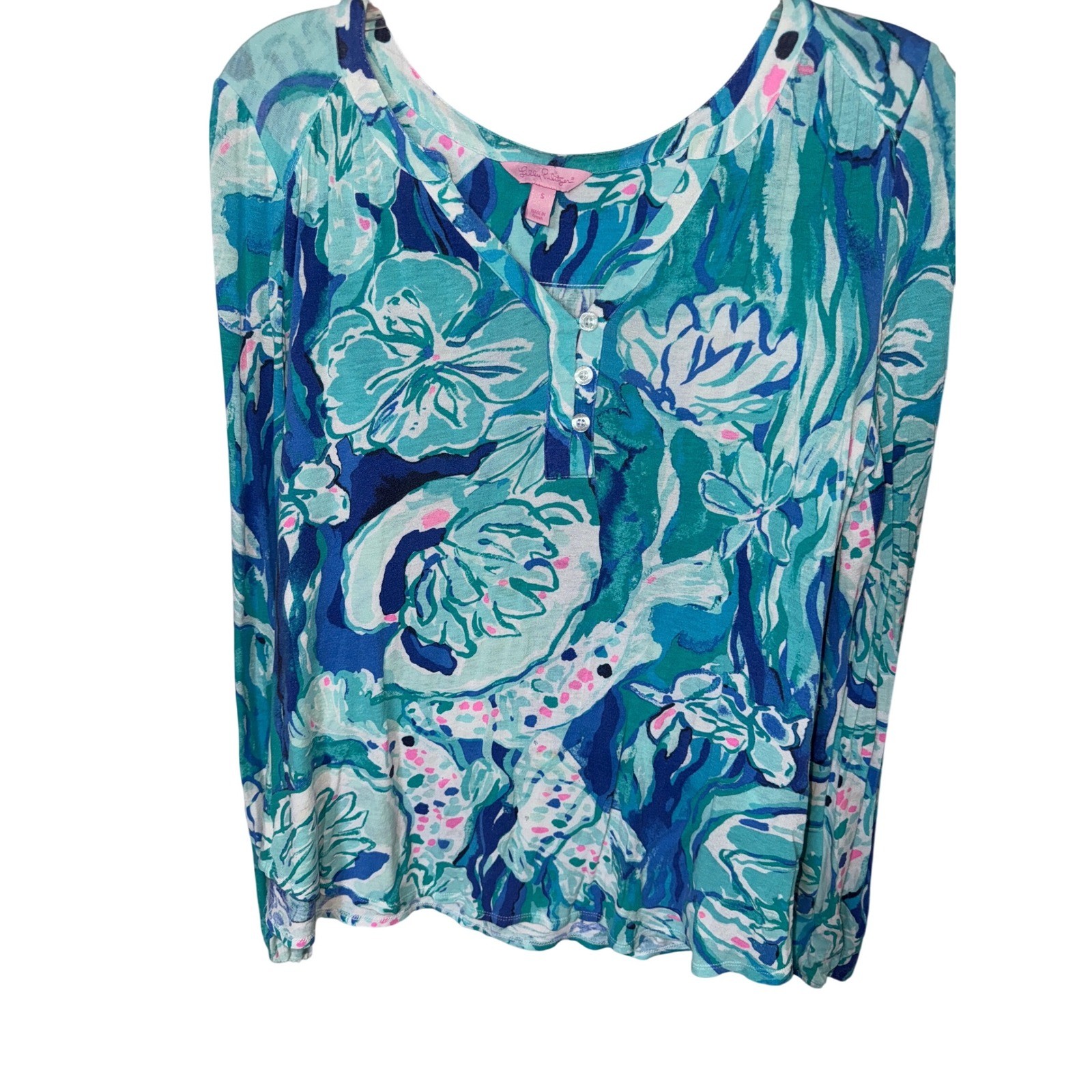 Lilly Pulitzer LILIAS Aquatic Garden Tunic Top Small Elastic Sleeve Blue