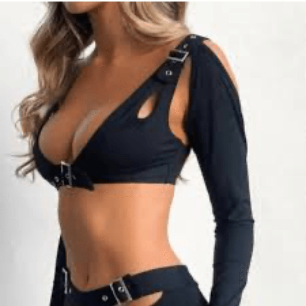 Outcast Harmony Long Sleeve Plunging Neck Crop Top Silver Buckles $65 L