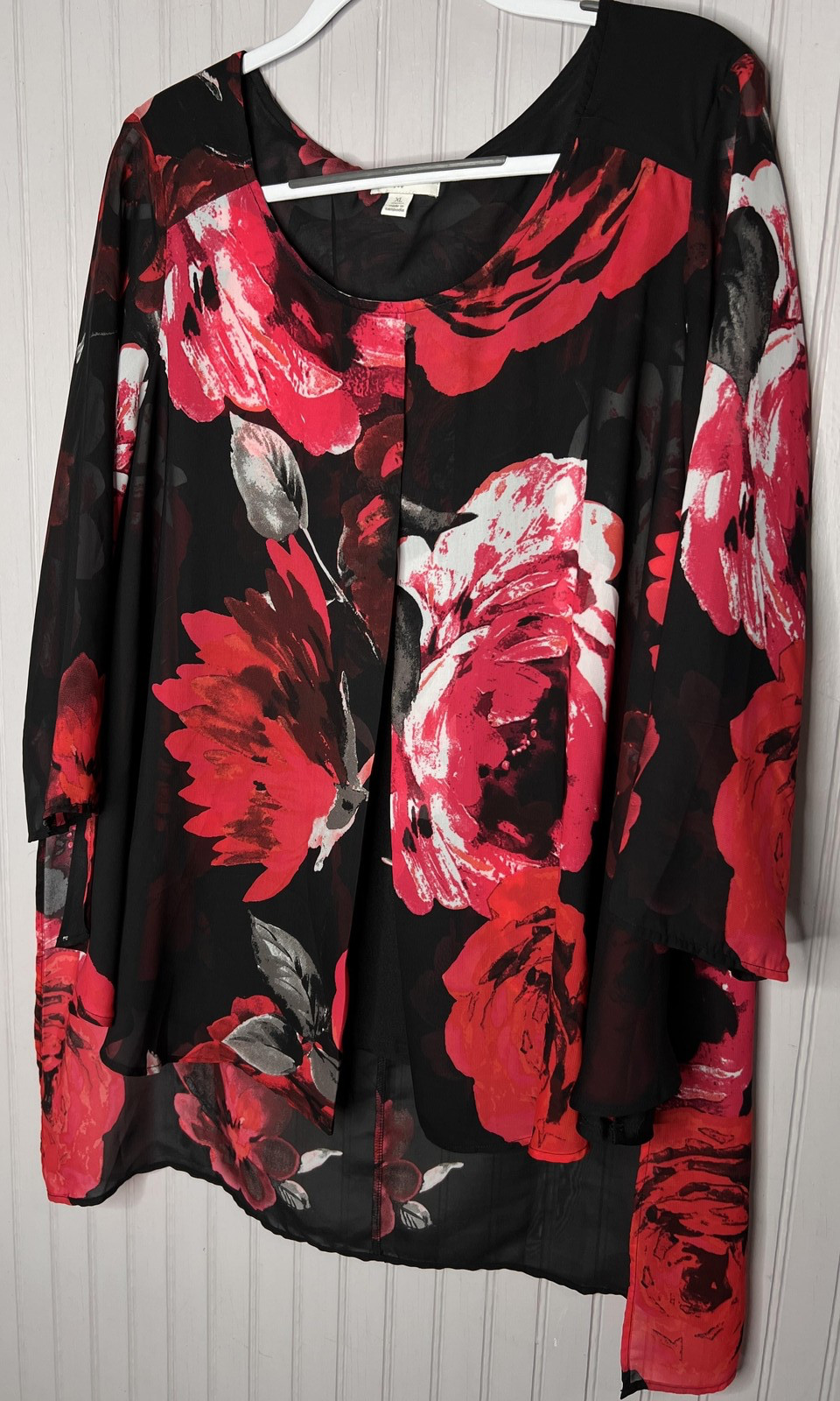 C EST 1946 Blouse Womens XL Black Red Floral Sheer Long Sleeve Layered Top