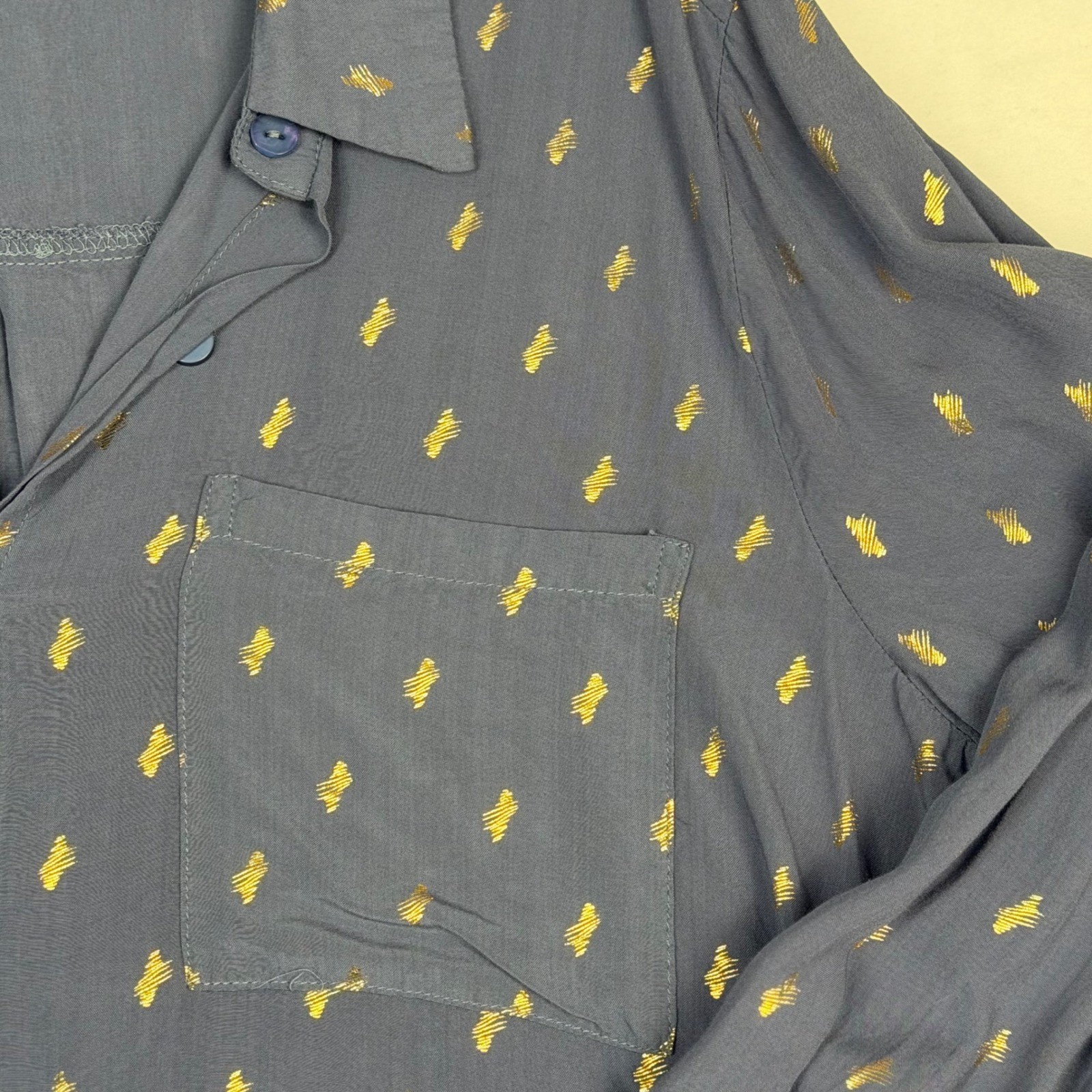 Solitaire Blue Gold Metallic Foil Button Down Shirt XL Long Sleeve Rayon