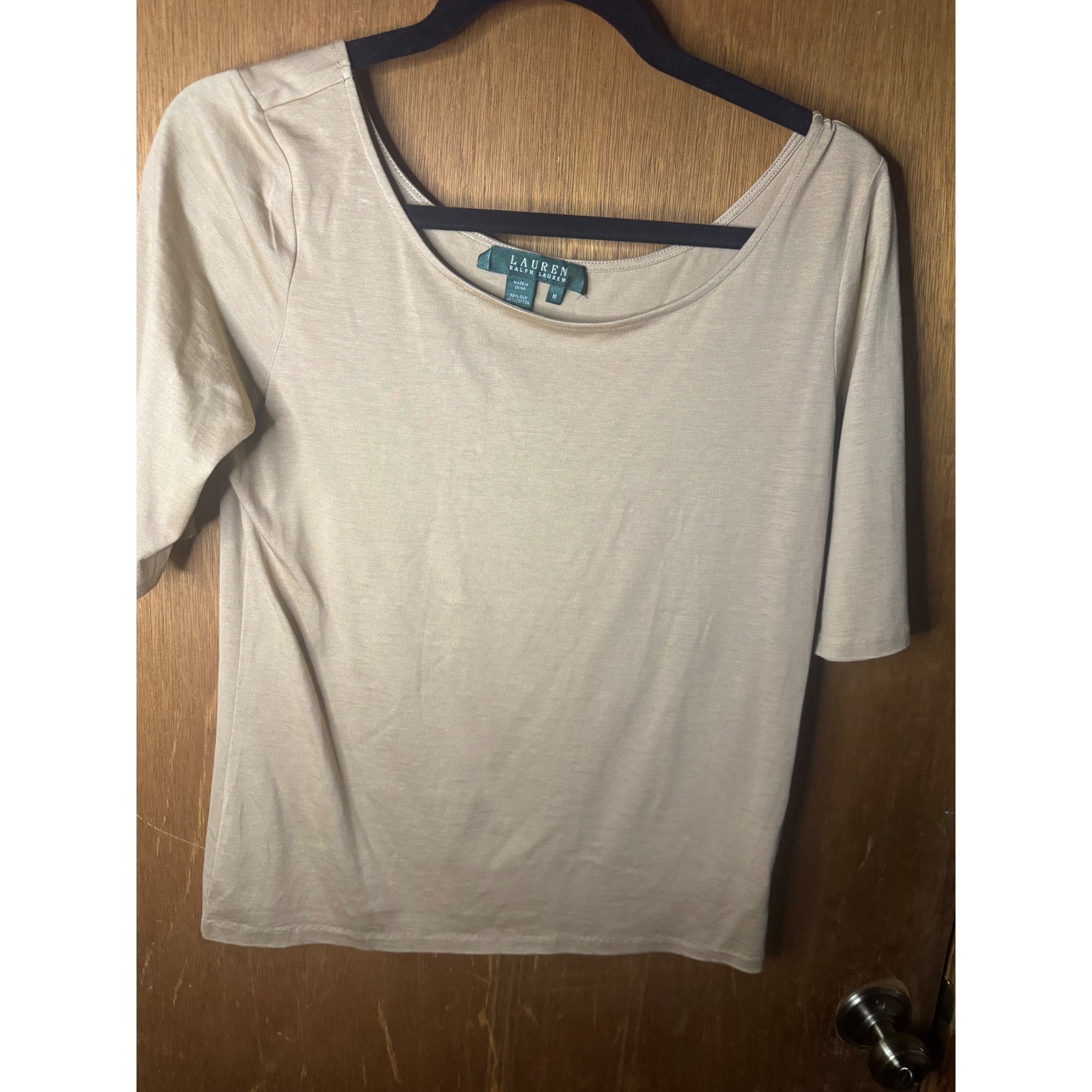 Lauren Ralph Lauren Tan Beige Silk Cotton Boat Neck Elbow Sleeve Knit Top M