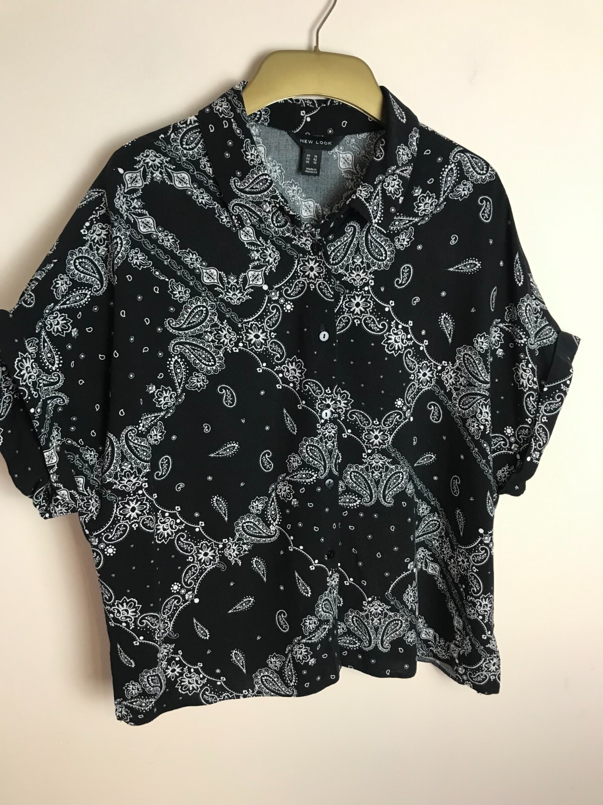 Black Paisley Print Short Cap Sleeve Button Down Shirt Blouse size 14 New Look